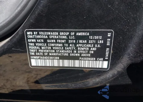 2013 Volkswagen Passat 2.5L Se z USA, uszkodzony, nr VIN 1VWBP7A34DC081298